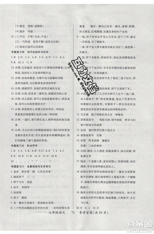 2020年本土教辅赢在暑假高效假期总复习七年级语文RJ人教版参考答案