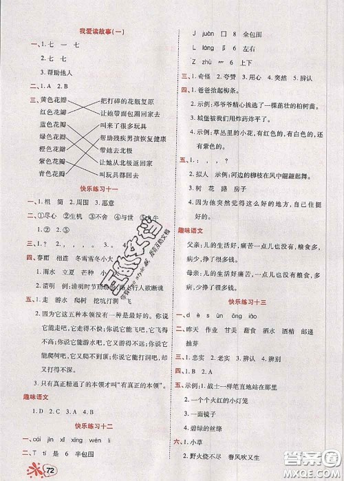 2020年快乐假期衔接优化训练暑假作业二升三语文答案