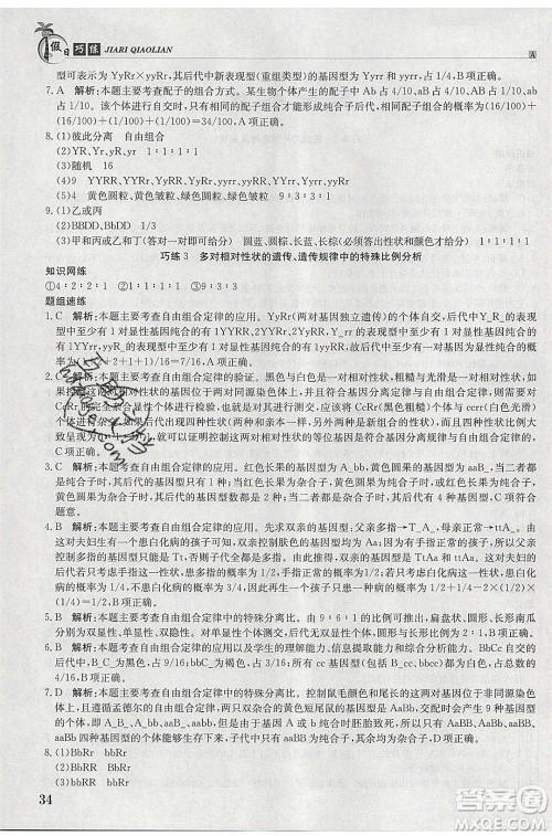 江西高校出版社2020年假日巧练暑假生物必修2人教版参考答案