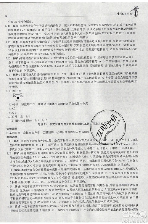 江西高校出版社2020年假日巧练暑假生物必修2人教版参考答案