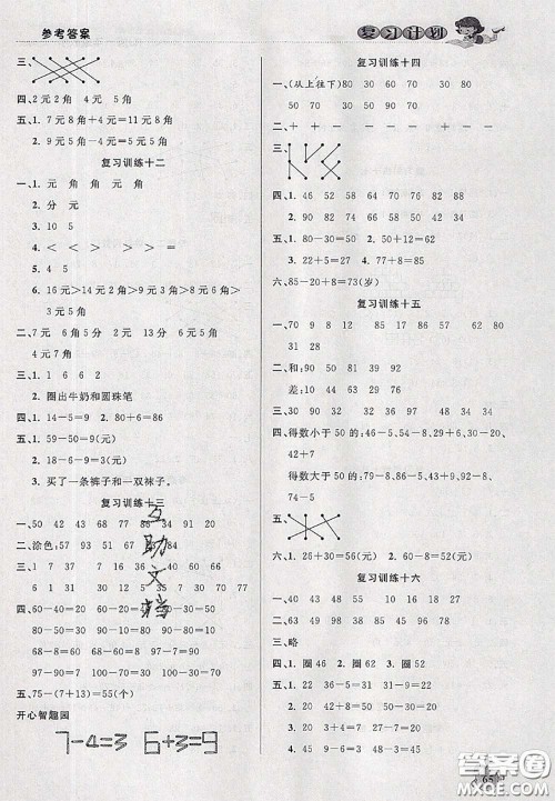 品至教育2020年假期复习计划期末暑假衔接一年级数学人教版答案