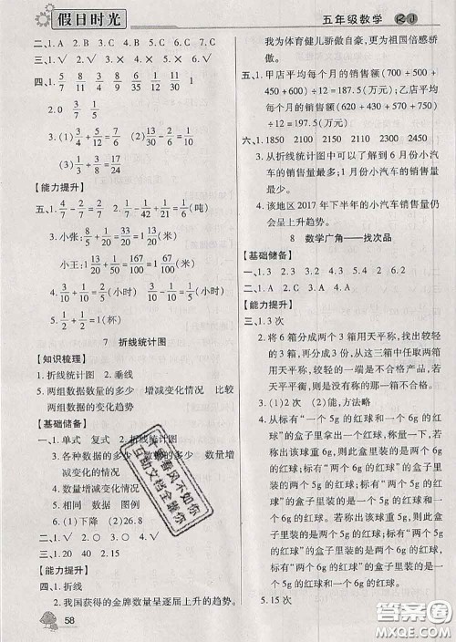 阳光出版社2020快乐暑假假日时光五升六数学人教版参考答案