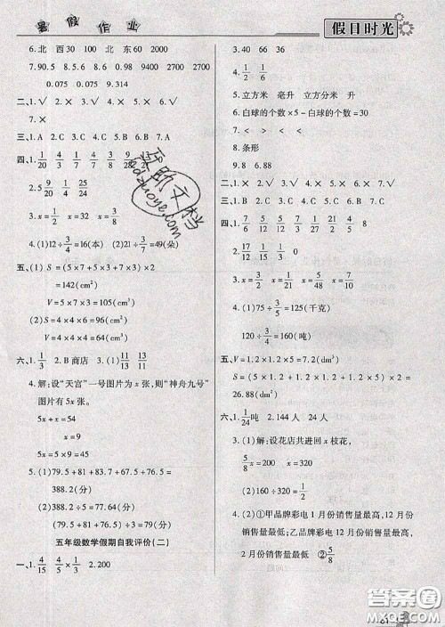 阳光出版社2020快乐暑假假日时光五升六数学北师版参考答案