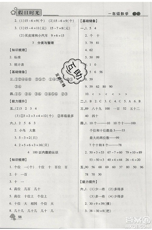 阳光出版社2020年快乐暑假假日时光一升二数学人教版参考答案