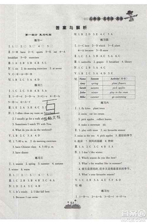 阳光出版社2021假日时光假期总动员暑假英语五年级人教版答案