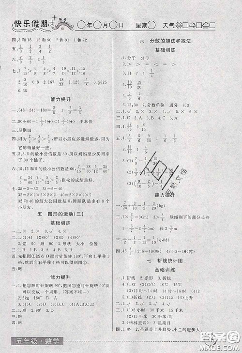 2020年黄冈测试卷系列暑假作业五年级数学人教版参考答案