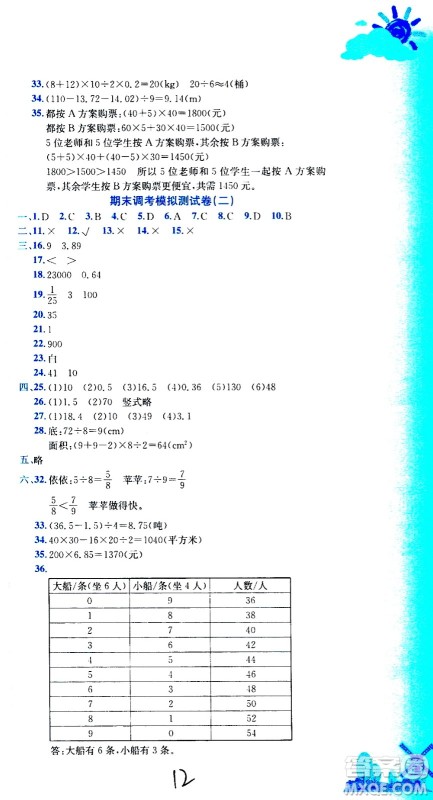 龙门书局2020秋黄冈小状元达标卷五年级数学BS北师版参考答案