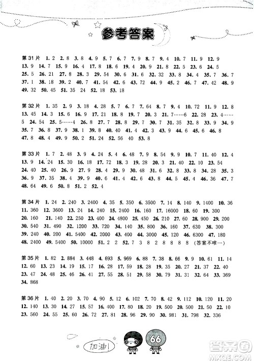 浙江少年儿童出版社2020年小学口算速算天天练三年级上册参考答案 浙江少年儿童出版社2020年小学口算速算天天练三年级上册参考答案