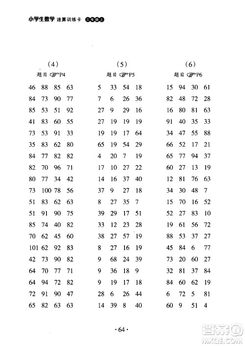 浙江教育出版社2020秋新课标小学生数学速算训练卡三年级上册参考答案 浙江教育出版社2020秋新课标小学生数学速算训练卡三年级上册参考答案