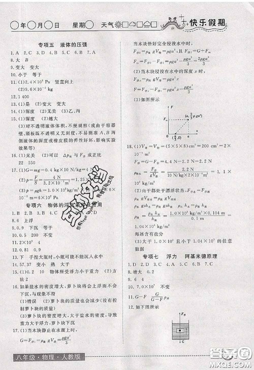 2020年黄冈测试卷系列暑假作业八年级物理人教版参考答案