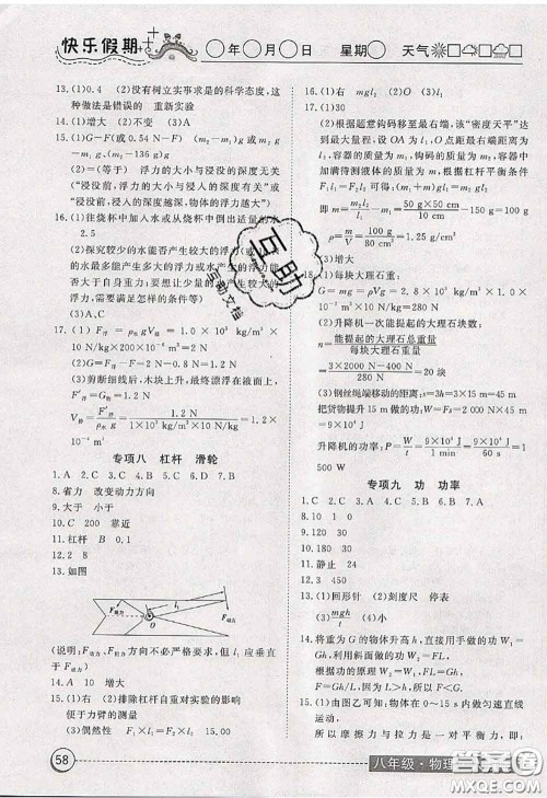 2020年黄冈测试卷系列暑假作业八年级物理人教版参考答案