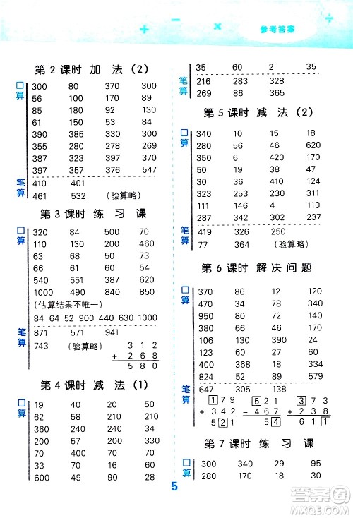 小儿郎2020秋季小学口算大通关数学三年级上册RJ人教版参考答案