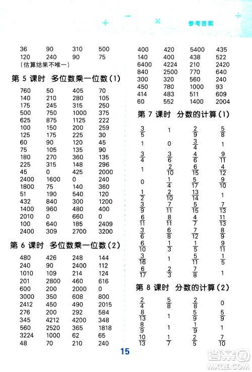 小儿郎2020秋季小学口算大通关数学三年级上册RJ人教版参考答案