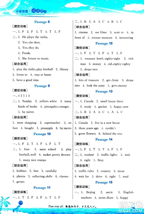 江苏人民出版社2020秋实验班小学英语阅读高手新课标课外阅读提优训练四年级参考答案