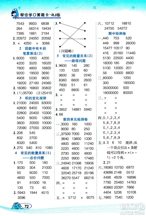 西安出版社2020年帮你学口算题卡数学四年级上册RJ人教版参考答案