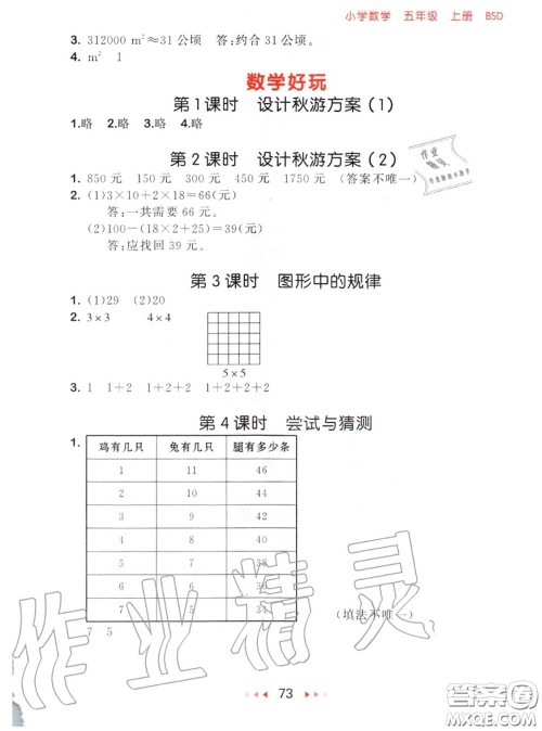 2020秋小儿郎53随堂测五年级数学上册北师版参考答案 2020秋小儿郎53随堂测五年级数学上册北师版参考答案