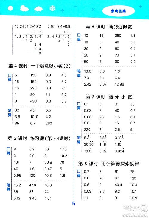 小儿郎2020秋季小学口算大通关数学五年级上册RJ人教版参考答案