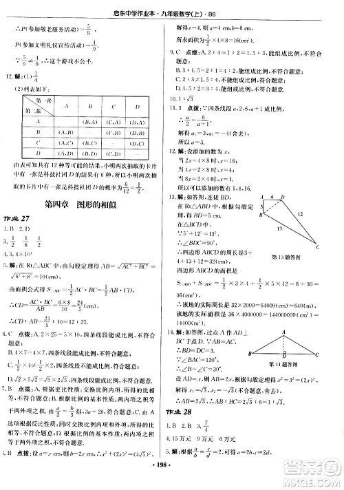 龙门书局2020秋启东中学作业本九年级数学上册BS北师版参考答案