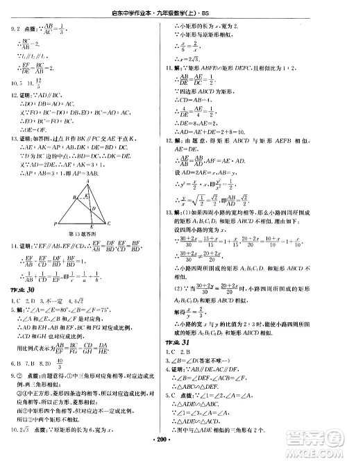 龙门书局2020秋启东中学作业本九年级数学上册BS北师版参考答案