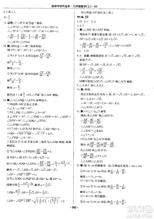 龙门书局2020秋启东中学作业本九年级数学上册BS北师版参考答案