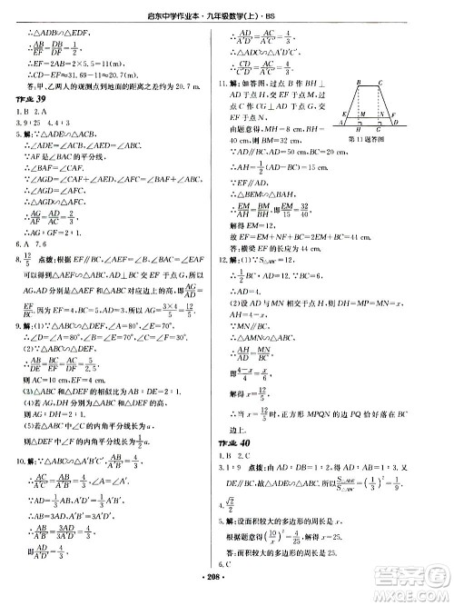 龙门书局2020秋启东中学作业本九年级数学上册BS北师版参考答案