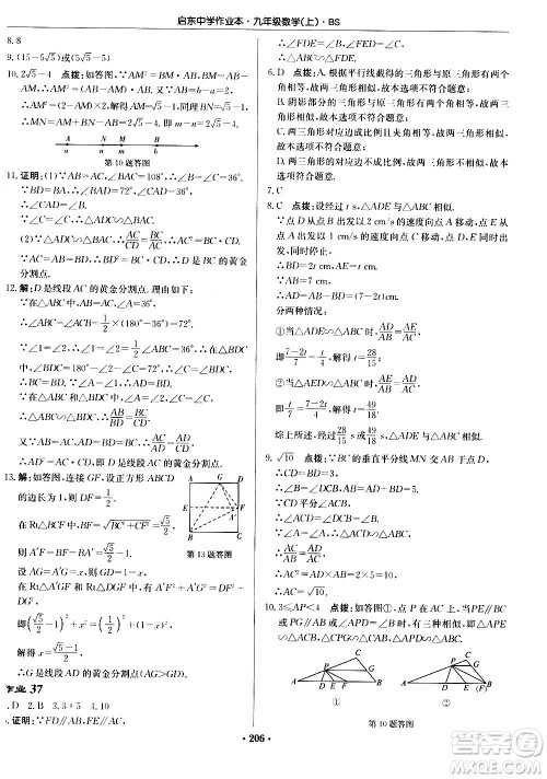 龙门书局2020秋启东中学作业本九年级数学上册BS北师版参考答案