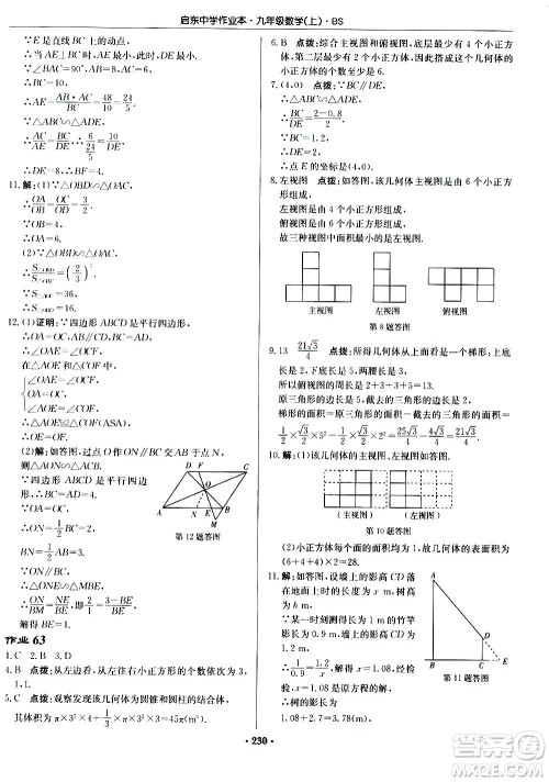 龙门书局2020秋启东中学作业本九年级数学上册BS北师版参考答案