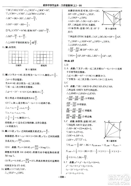 龙门书局2020秋启东中学作业本九年级数学上册BS北师版参考答案