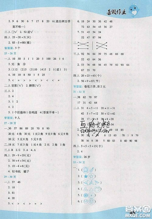 中原农民出版社2020年豫新锐暑假作业一年级数学人教版答案