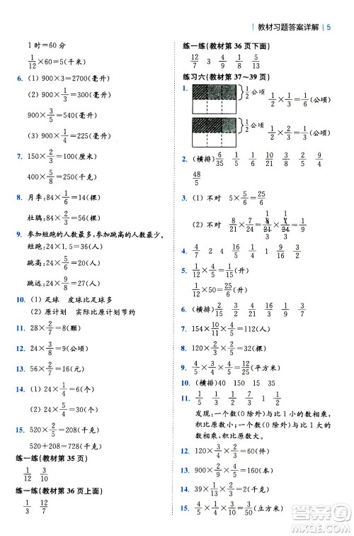 陕西师范大学出版总社2020秋全易通小学数学六年级上SJ苏教版参考答案