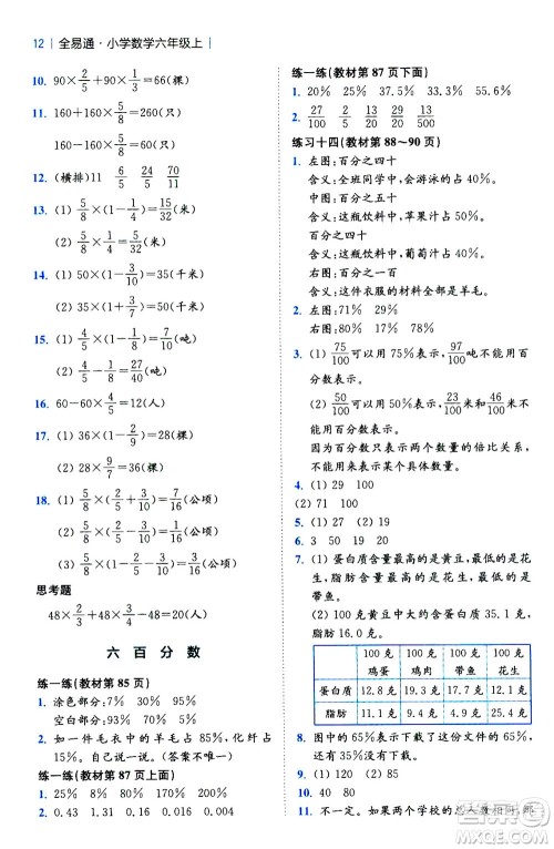 陕西师范大学出版总社2020秋全易通小学数学六年级上SJ苏教版参考答案 陕西师范大学出版总社2020秋全易通小学数学六年级上SJ苏教版参考答案