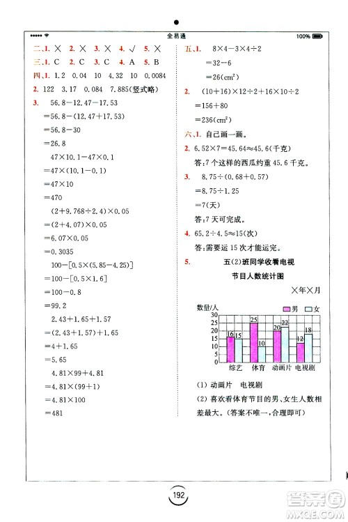 陕西师范大学出版总社2020秋全易通小学数学五年级上SJ苏教版参考答案