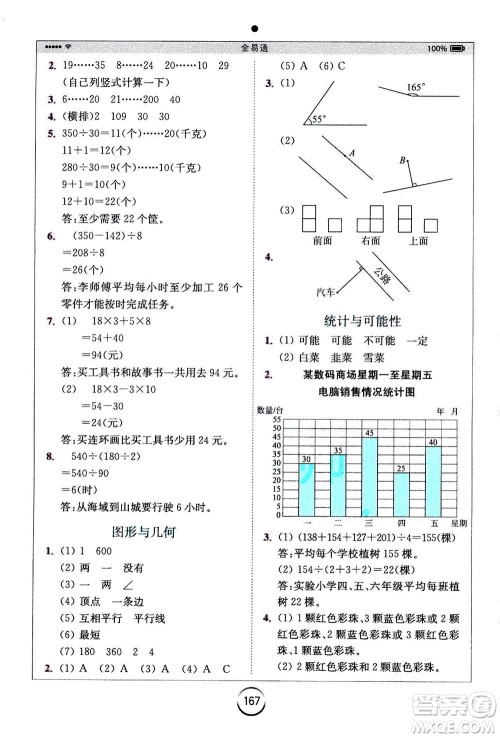 陕西师范大学出版总社2020秋全易通小学数学四年级上SJ苏教版参考答案