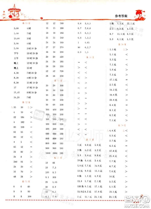 2020秋黄冈小状元口算速算练习册三年级数学上册北师版答案