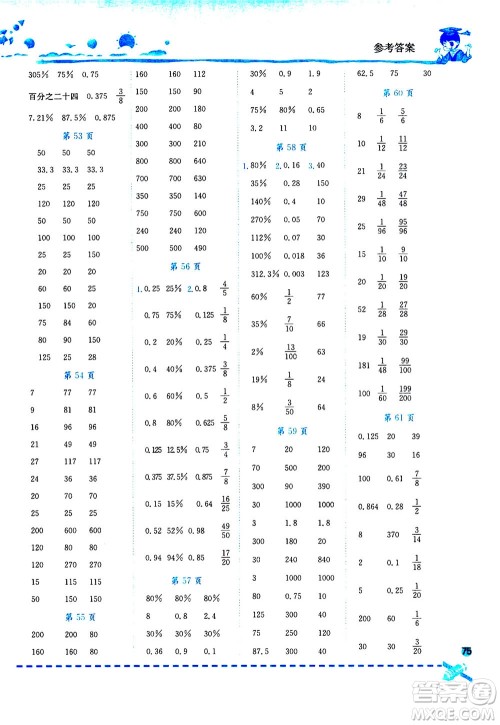 龙门书局2020秋黄冈小状元口算速算练习册六年级数学上R人教版参考答案