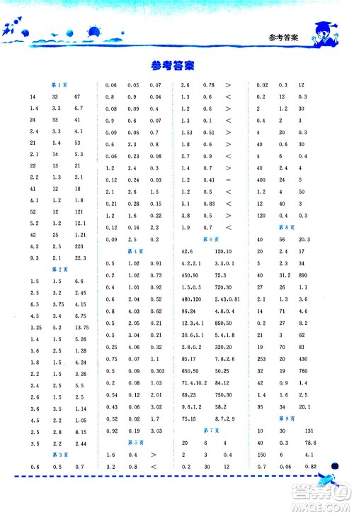 龙门书局2020秋黄冈小状元口算速算练习册五年级数学上BS北师版参考答案