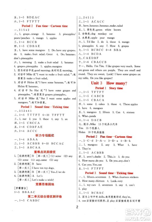 江苏人民出版社2020秋实验班提优训练英语四年级上YL译林版参考答案