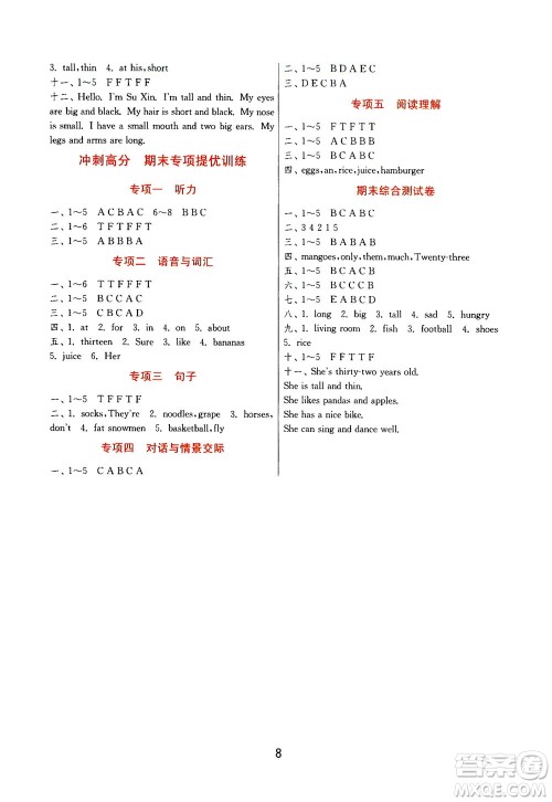 江苏人民出版社2020秋实验班提优训练英语四年级上YL译林版参考答案