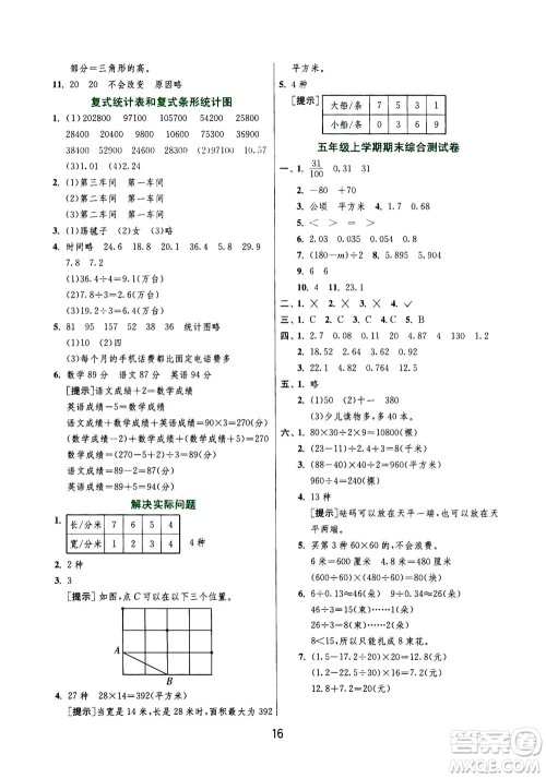 江苏人民出版社2020秋实验班提优训练数学五年级上JSJY江苏教育版参考答案