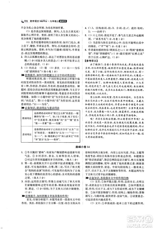 江苏凤凰科学技术出版社2020秋初中语文小题狂做巅峰版九年级上人教版参考答案