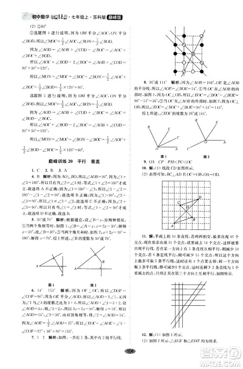 江苏凤凰科学技术出版社2020秋初中数学小题狂做巅峰版七年级上苏科版参考答案