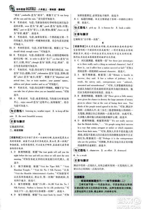 江苏凤凰科学技术出版社2020秋初中英语小题狂做巅峰版八年级上译林版参考答案