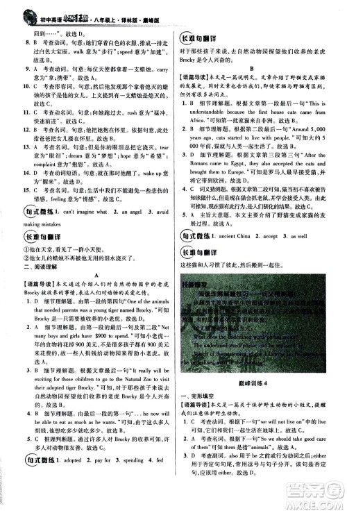 江苏凤凰科学技术出版社2020秋初中英语小题狂做巅峰版八年级上译林版参考答案