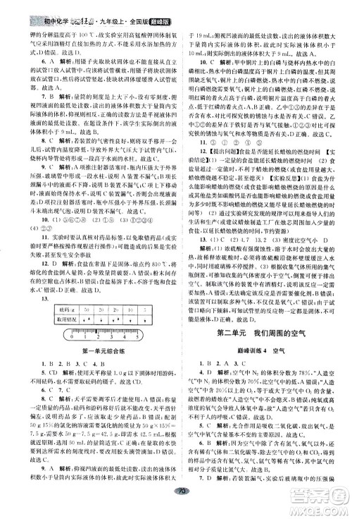 江苏凤凰科学技术出版社2020秋初中化学小题狂做巅峰版九年级上全国版参考答案