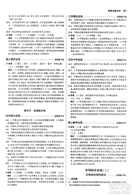 教育科学出版社2020秋5年中考3年模拟全练版初中生物七年级上册人教版参考答案