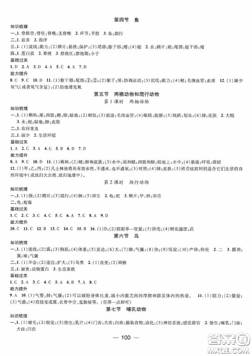 江西教育出版社2020名师测控八年级生物上册人教版答案