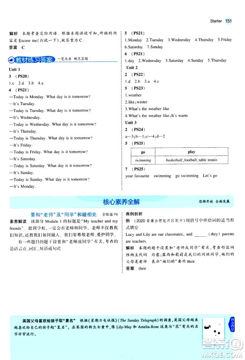 教育科学出版社2020秋5年中考3年模拟全解版初中英语七年级上册外研版参考答案