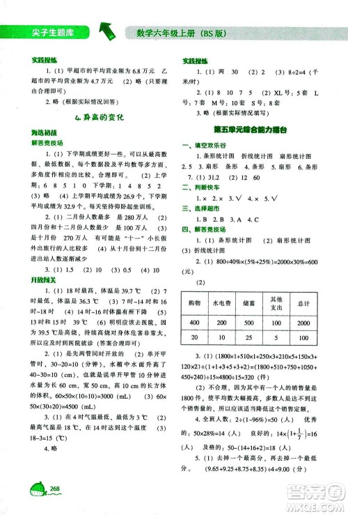 辽宁教育出版社2020秋尖子生题库数学六年级上册BS北师版参考答案