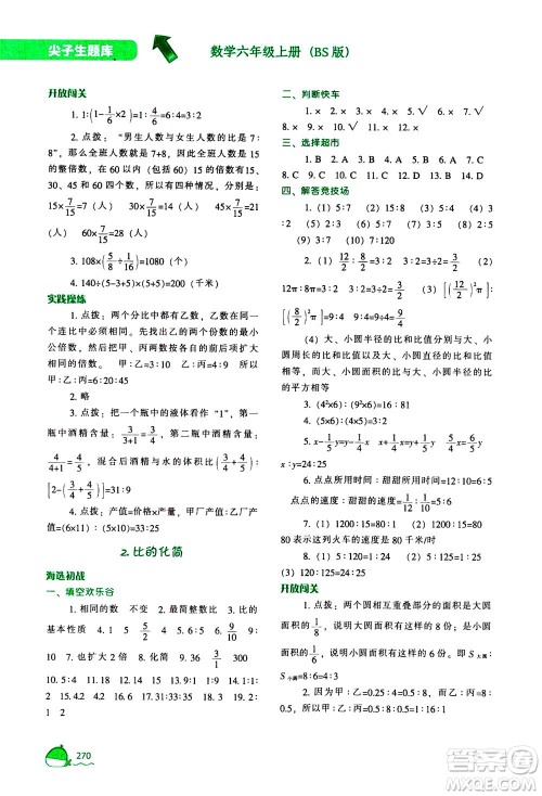 辽宁教育出版社2020秋尖子生题库数学六年级上册BS北师版参考答案