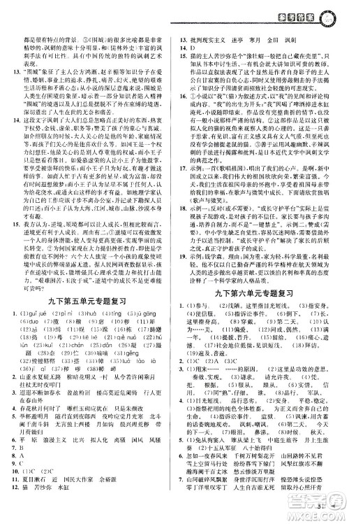 2020秋教与学课程同步讲练九年级语文全一册人教版参考答案